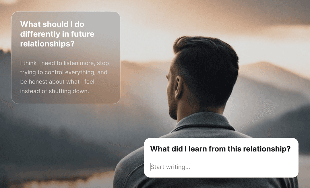 Man's back, looking out, with private reflection prompts